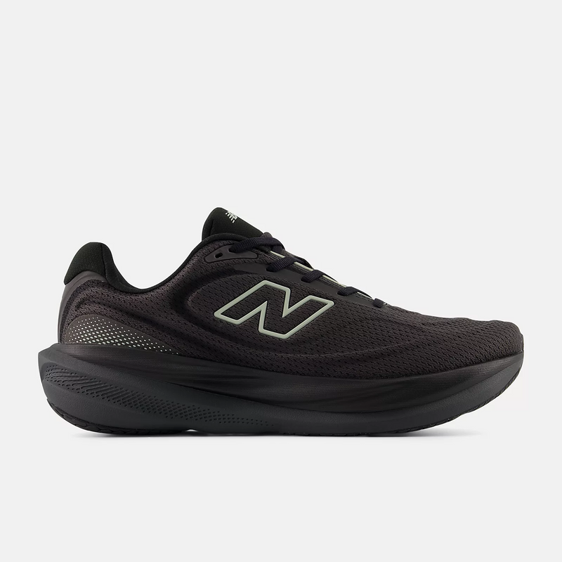 New Balance 1080v15 running shoes in black with mesh upper and cushioned midsole, side view.