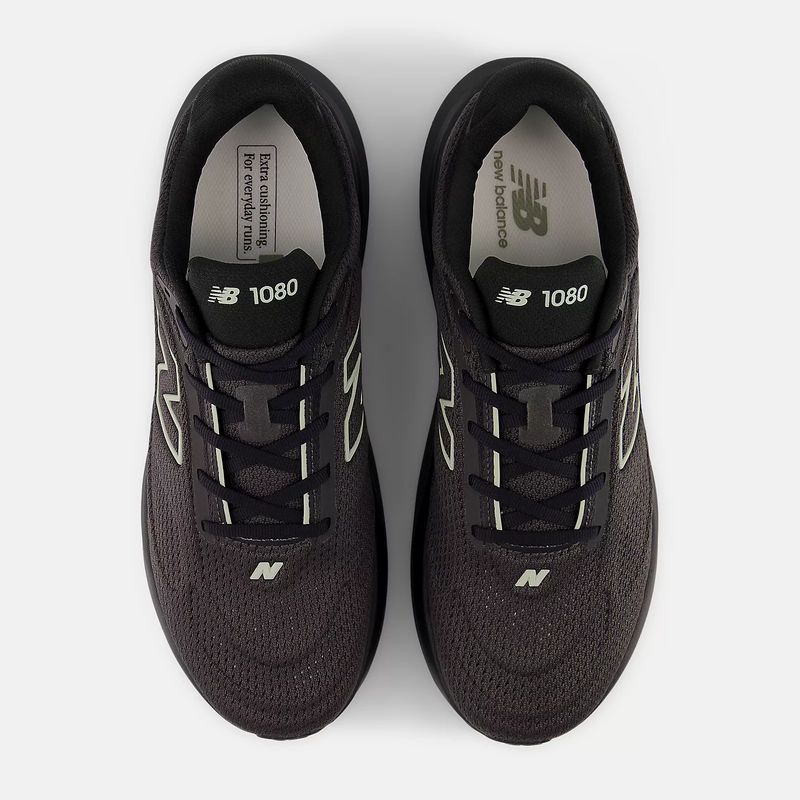 New Balance 1080v15 running shoes in black with mesh upper and lace system, top view.