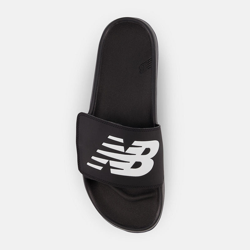 New Balance 200v2 Adjustable slide sandals in black with large white logo, top view showing cushioned footbed and adjustable strap