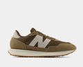 New Balance 237 V1 lifestyle sneakers in olive green suede and mesh with white side logo and gum outsole, side view.