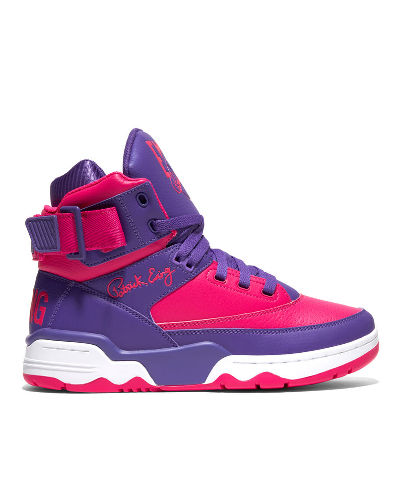 Ewing Athletics 33 HI "Neon Signs" sneakers in purple and pink with leather upper, ankle strap, and white midsole, side view.