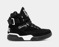 Ewing Athletics 33 HI OG sneakers in black suede with white embroidered branding, ankle strap, and padded collar, side view.