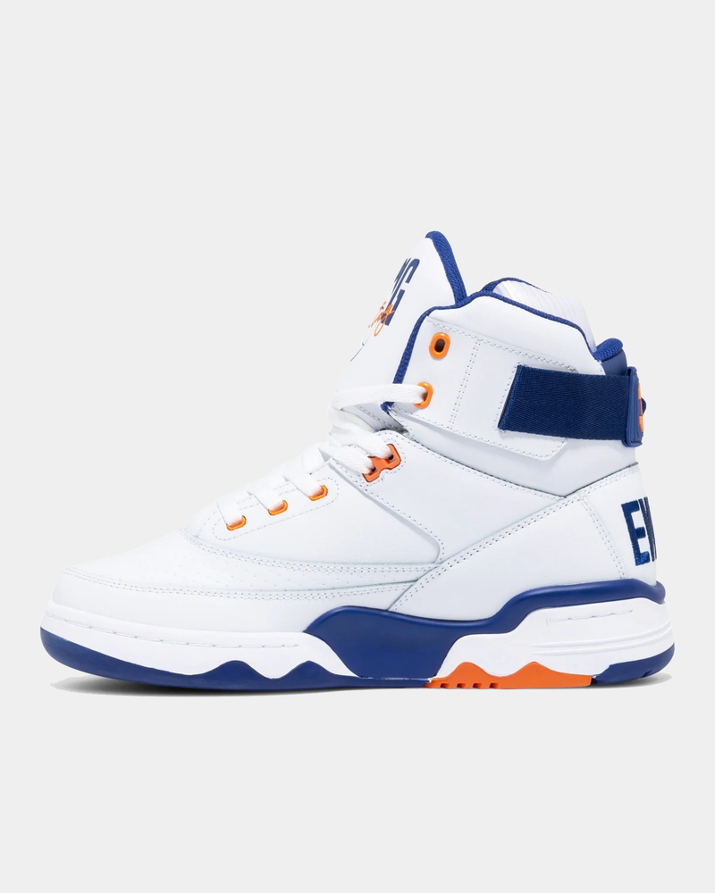 Ewing Athletics 33 HI OG high-top sneakers in white leather with blue and orange accents, side view.