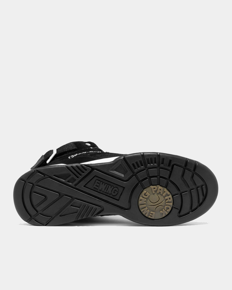 Ewing Athletics 33 HI OG sneakers outsole showing black rubber tread pattern with gold Patrick Ewing logo detail.