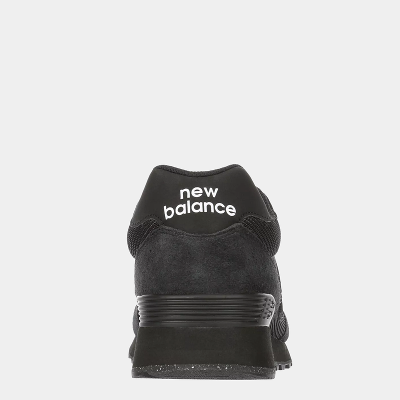 New Balance 515 v3 casual sneakers in black suede and mesh with white logo details, back view showing heel design