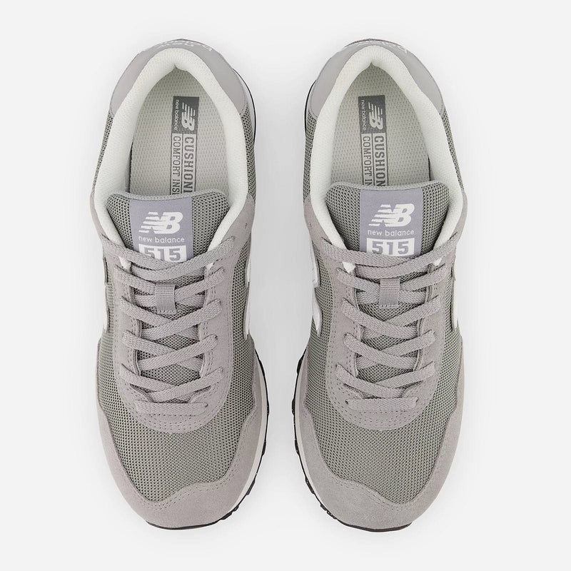 New Balance 515 v3 sneakers in gray with mesh upper and cushioned insole, top view showing laces and tongue details.