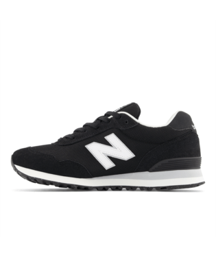 New Balance 515 v3 sneakers in black with white logo, suede and mesh upper, and rubber outsole, side view.