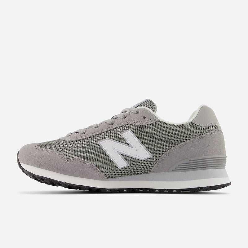 New Balance 515 v3 lifestyle shoes in light gray with suede overlays, breathable mesh upper, and white midsole, side view.