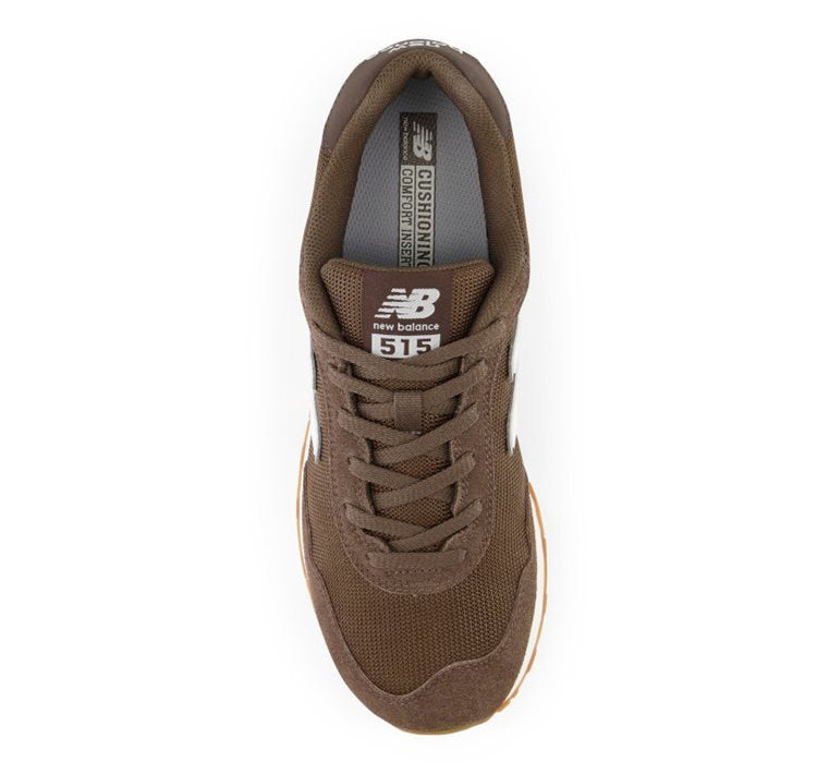New Balance 515 v3 sneakers top view in brown mesh and suede with cushioned comfort insert and lace-up design.