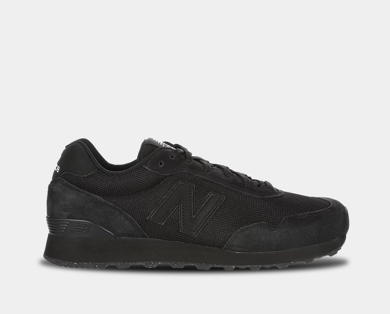 New Balance 515 v3 sneakers in all-black with a suede and mesh upper, side view featuring the signature "N" logo.