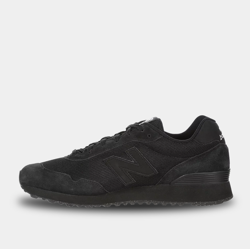 New Balance 515 v3 sneakers in black with a suede and mesh upper and tonal "N" logo, side view.
