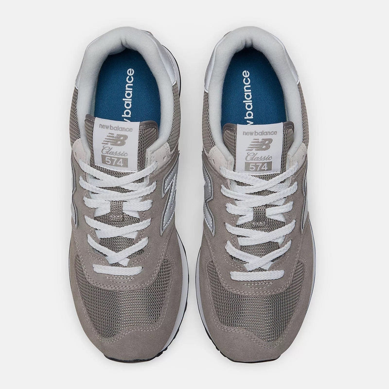 New Balance 574 Core sneakers top view showing gray suede and mesh upper, white laces, and cushioned collar.