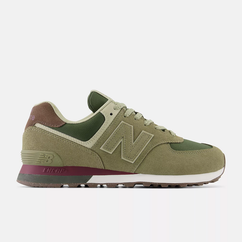 New Balance 574 sneakers in olive green with suede overlays, mesh underlays, a cushioned midsole with maroon accents, side view.