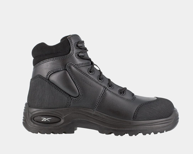 Reebok Work 6 Inch Sport Comp Toe Work Boot in black with leather upper, padded collar, lace-up design, and durable outsole, side view.