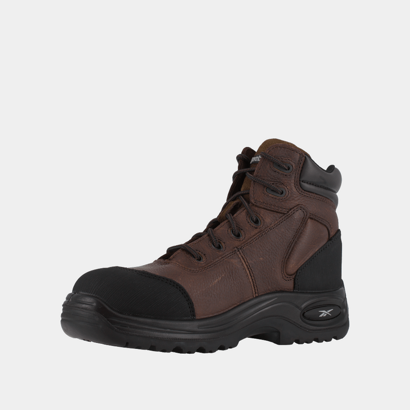 Reebok Work 6 Inch Sport Comp Toe Work Boot in brown leather with black reinforced toe and padded collar, side view.