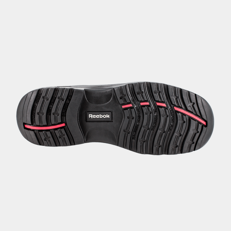 Reebok Work 6 Inch Sport Comp Toe Work Boot outsole with slip-resistant tread pattern and red accents in black rubber, bottom view.