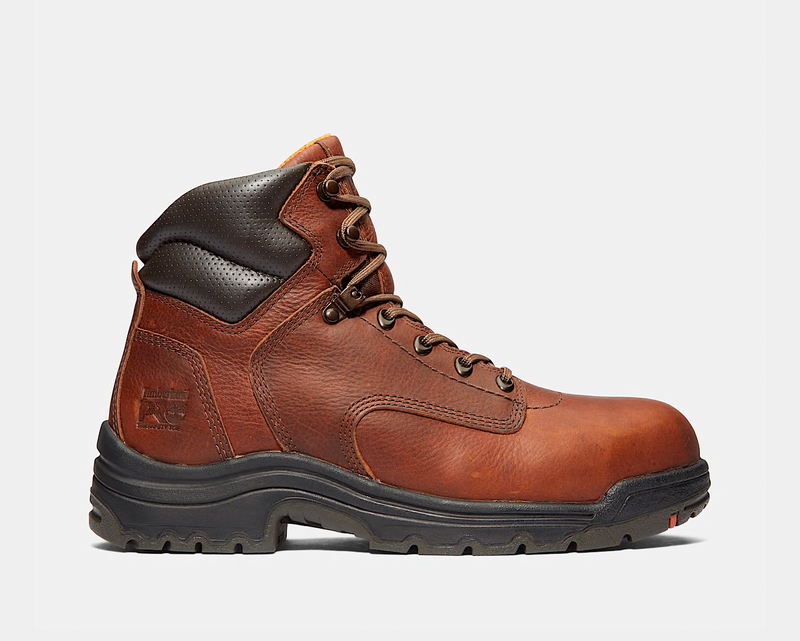 Timberland Pro 6" Titan Safety Toe Comfort Work Boots in brown leather with padded ankle collar and durable rubber outsole, side view.