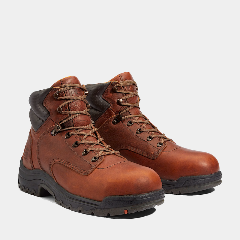 Timberland Pro 6" Titan Safety Toe Comfort Work Boots, brown leather with cushioned collar and slip-resistant sole, front angle.