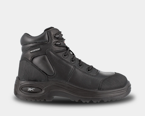 Reebok Work 6" Waterproof Trainex Puncture Resistant Sport Boots in black with durable leather upper and rugged sole, side view.