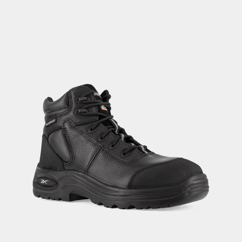 Reebok Work 6" Waterproof Trainex Puncture Resistant Sport Boots in black with durable leather upper and rugged outsole, side angle.