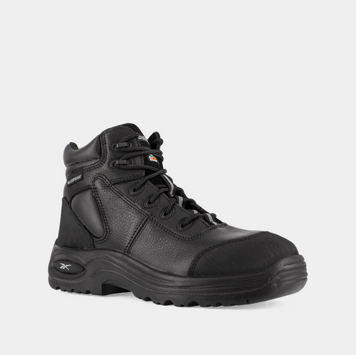 Reebok Work 6" Waterproof Trainex Puncture Resistant Sport Boots in black with durable leather upper and rugged outsole, side angle.