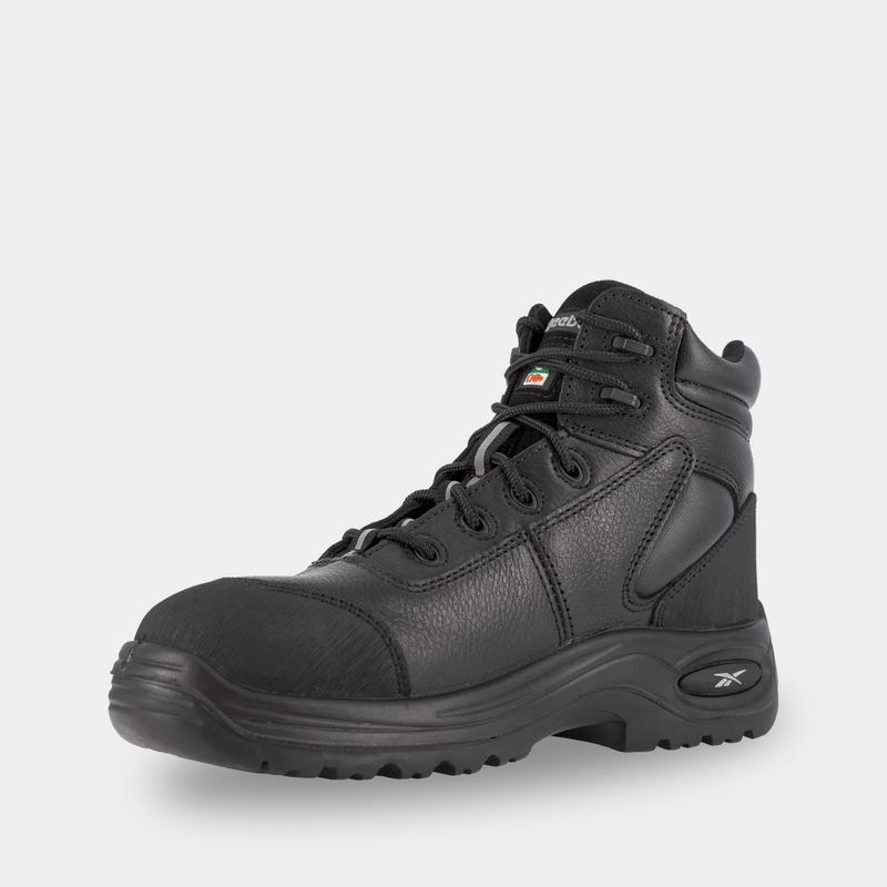 Reebok Work 6" Waterproof Trainex Puncture Resistant Sport Boots in black leather with reinforced toe and durable outsole, front angle view.