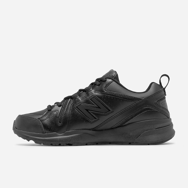 New Balance 608v5 Slip Resistant shoes in all-black leather with slip-resistant outsole, side view.