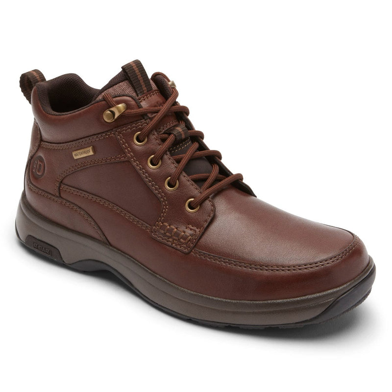 Dunham 8000 Mid Waterproof Boot in brown leather with durable stitching, metal eyelets, and waterproof badge, side angle view