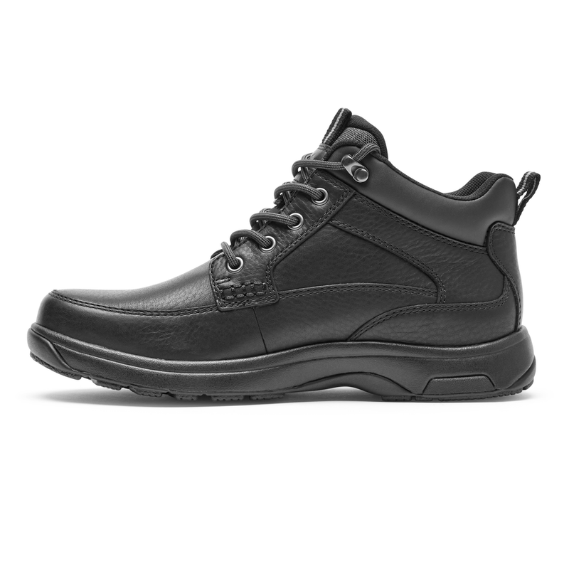 Dunham 8000 Mid Waterproof Boot in black leather with padded ankle collar and rugged sole, side view.