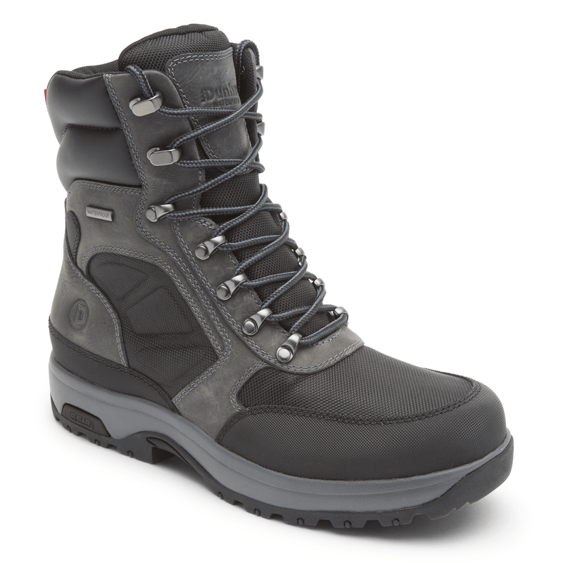 Dunham 8000 Works 8-Inch Ubal Boot in black and gray with waterproof leather, padded collar, and durable lace system, side angle view.