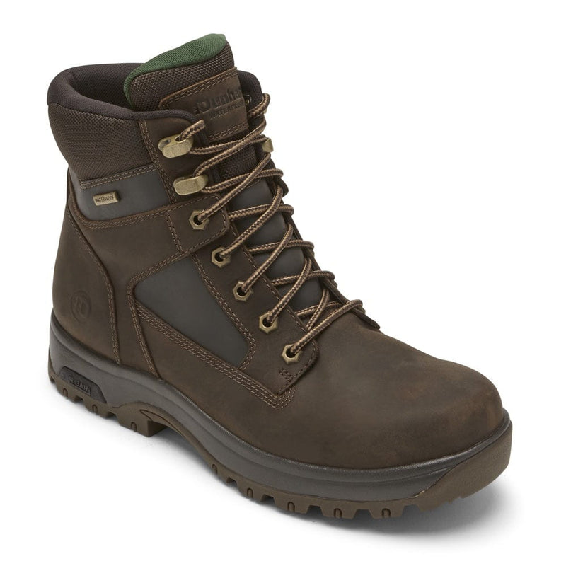 Dunham 8000Works 6-Inch Plain Toe Waterproof Boot in dark brown leather with green collar and rugged sole, side angle view.
