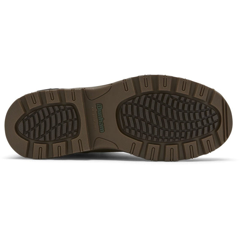Dunham 8000Works 6-Inch Plain Toe Waterproof Boot outsole in brown rubber with oil-resistant tread pattern.