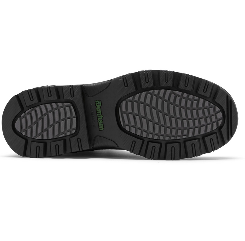 Dunham 8000Works 6-Inch Plain Toe work boots outsole showing slip-resistant tread pattern in black and gray rubber.