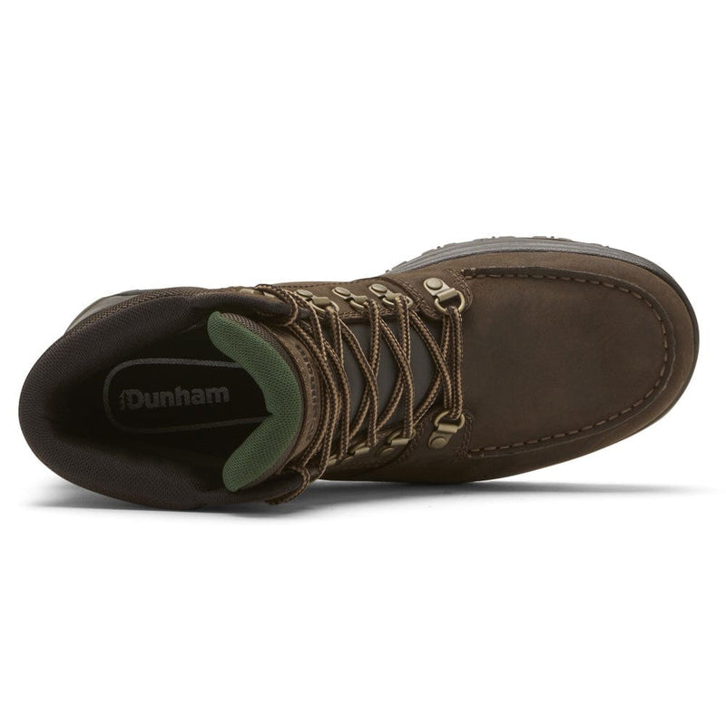 Dunham 8000Works Moc Boot top view showing brown leather upper, moc toe stitching, metal eyelets, and green padded tongue.