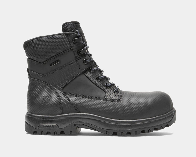 Dunham 8000Works Safety Plain Toe Boot – Waterproof, black leather work boot with textured upper and sturdy outsole, side view.