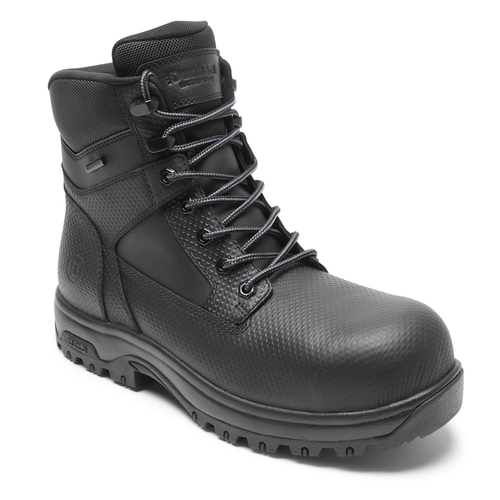 Dunham 8000Works Safety Plain Toe Boot – Waterproof in black, durable textured upper with lace-up design and rugged outsole, side angle view.