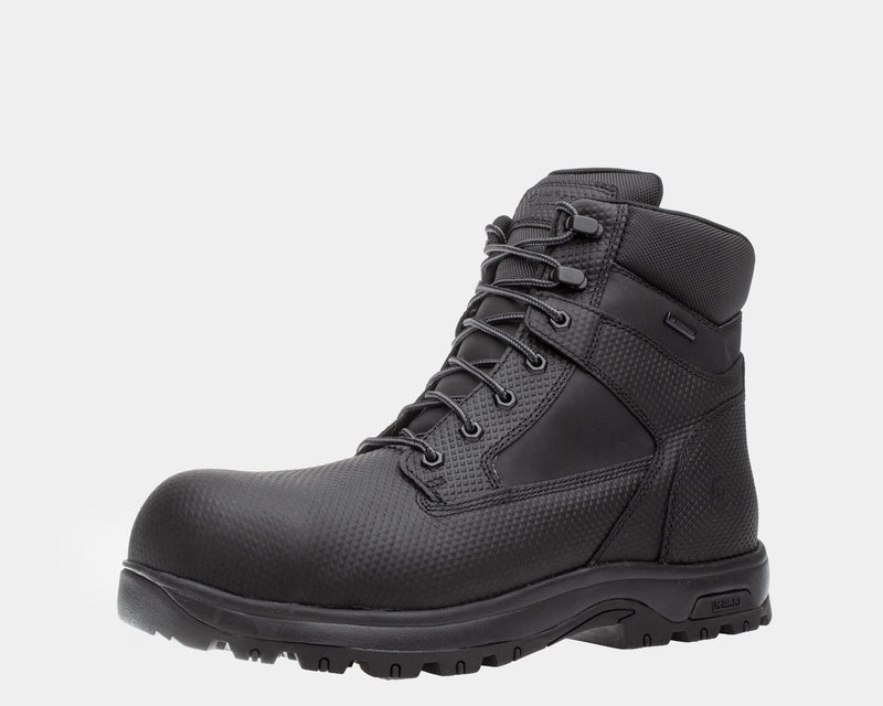 Dunham 8000Works Safety Plain Toe Boot – Waterproof in black with textured leather, lace-up design, and slip-resistant outsole, side view.