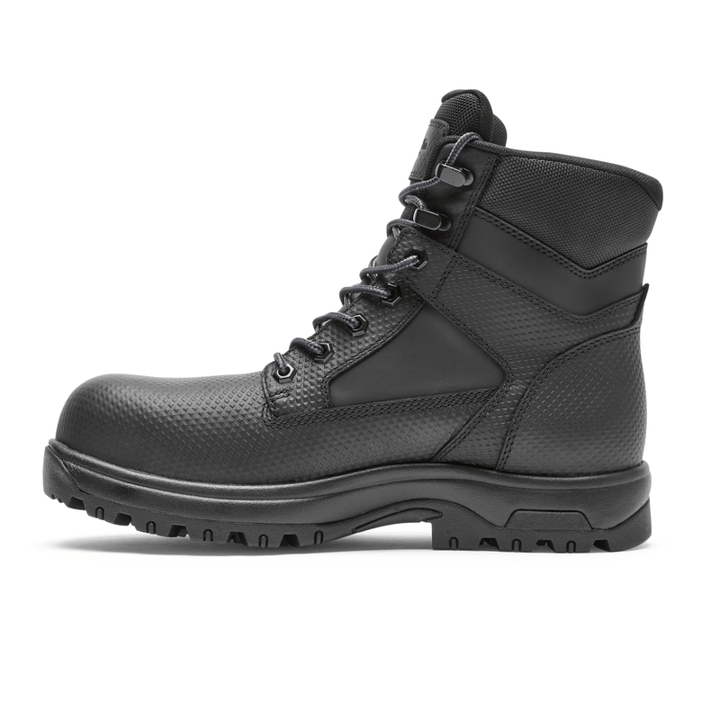 Dunham 8000Works Safety Plain Toe Boot – Waterproof in black with textured leather upper, durable sole, and padded collar, side view.