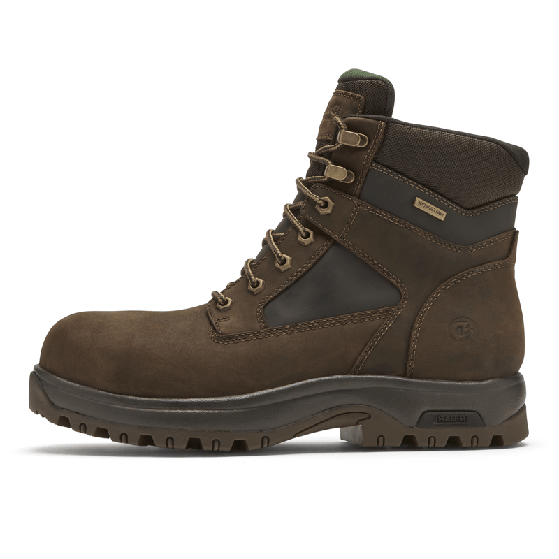 Dunham 8000WORKS Safety Plain Toe work boots in brown leather with reinforced stitching, durable lug sole, and padded collar, side view.