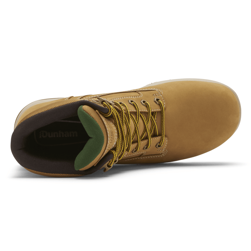 Dunham 8000WORKS Safety Plain Toe work boots in tan leather, green padded collar, and brown lining, top view showing lace-up design.
