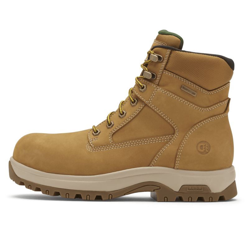 Dunham 8000WORKS Safety Plain Toe work boots in tan leather with reinforced stitching, padded collar, and durable outsole, side view.