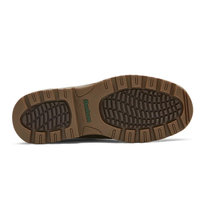 Dunham 8000Works Waterproof 8-Inch Plain Toe Boot outsole showing durable tread pattern in brown rubber.