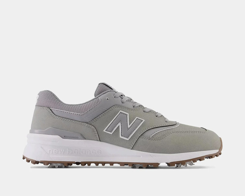 New Balance Golf 997 Golf shoes in light gray with synthetic upper, white midsole, and spiked outsole, side view.
