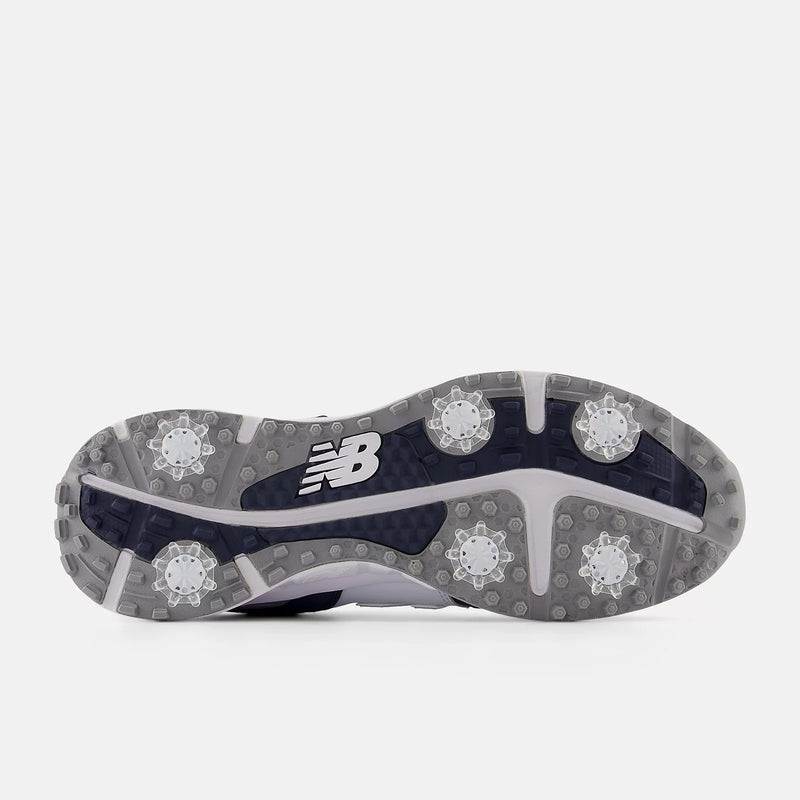 New Balance Golf 997 Golf shoes outsole featuring spiked traction system and gray and navy detailing, bottom view.