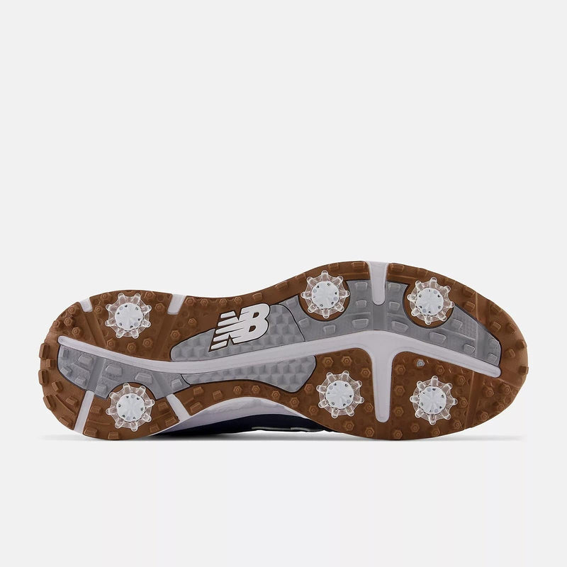 New Balance Golf 997 Golf shoes outsole with rubber traction in brown and white, featuring cleats for grip and stability.