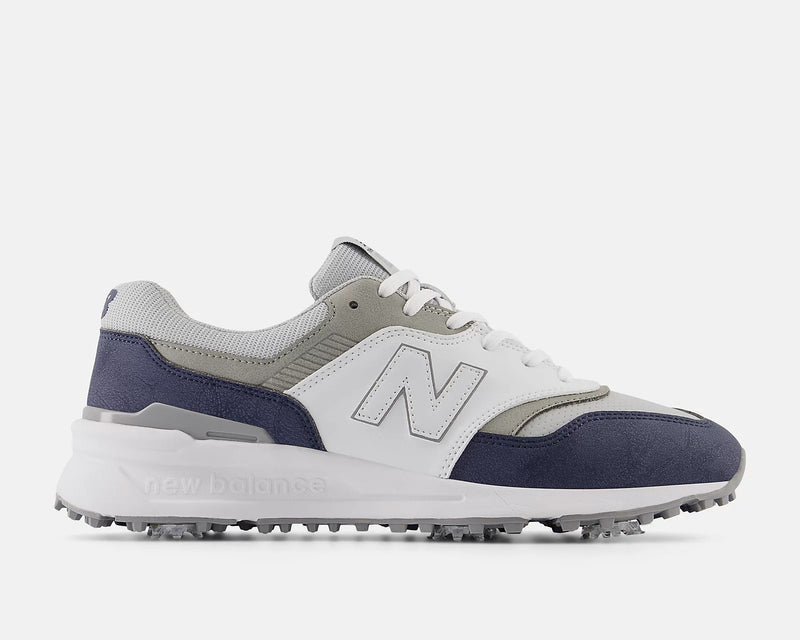 New Balance Golf 997 Golf shoes in navy, gray, and white featuring a durable spiked outsole, side view.