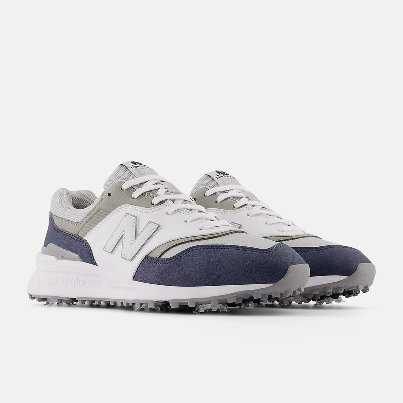 New Balance Golf 997 Golf shoes in white, gray, and navy with mesh upper and spiked outsole for traction, front side view.