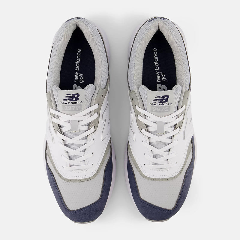 New Balance Golf 997 Golf shoes in white, gray, and navy with mesh upper and lace-up closure, top view.