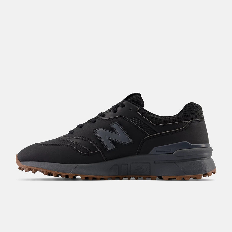 New Balance Golf 997 SL Golf shoes in black with synthetic upper and spikeless gum outsole, side view.