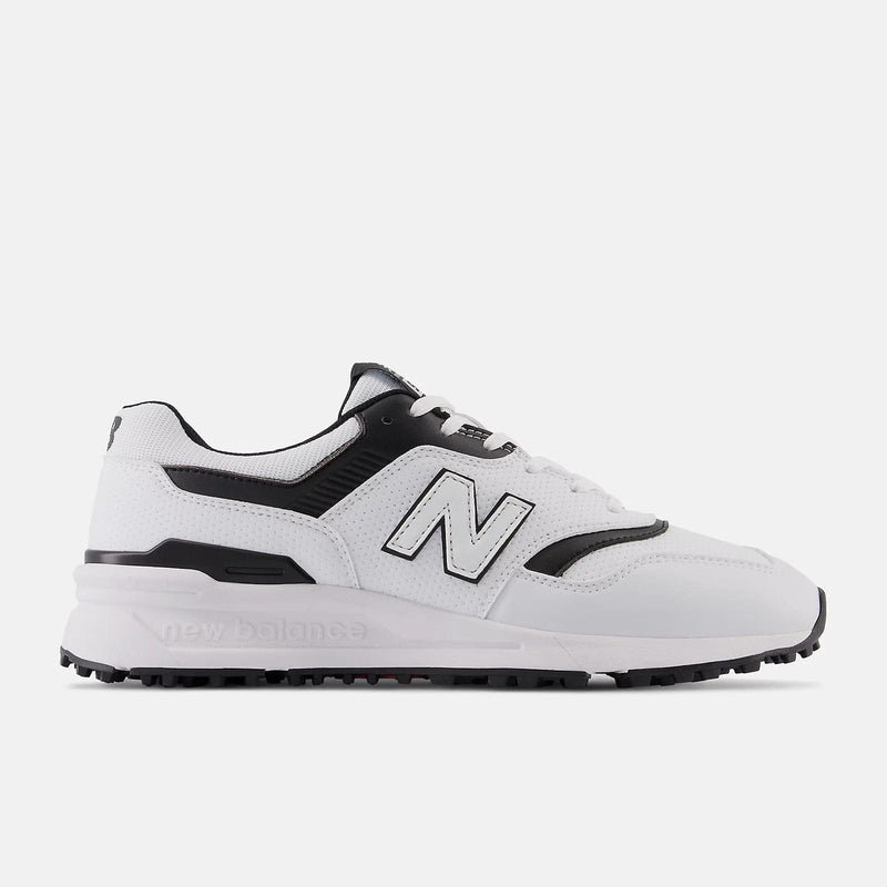 New Balance Golf 997 SL Golf shoes in white and black with perforated upper and spikeless sole, side view.